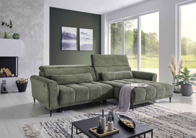 Wohnlandschaft Cord Grün - inkl. elektrischer XXL-Sitztiefenverstellung und 2 Kopfteilverstellungen  -  Wolve
