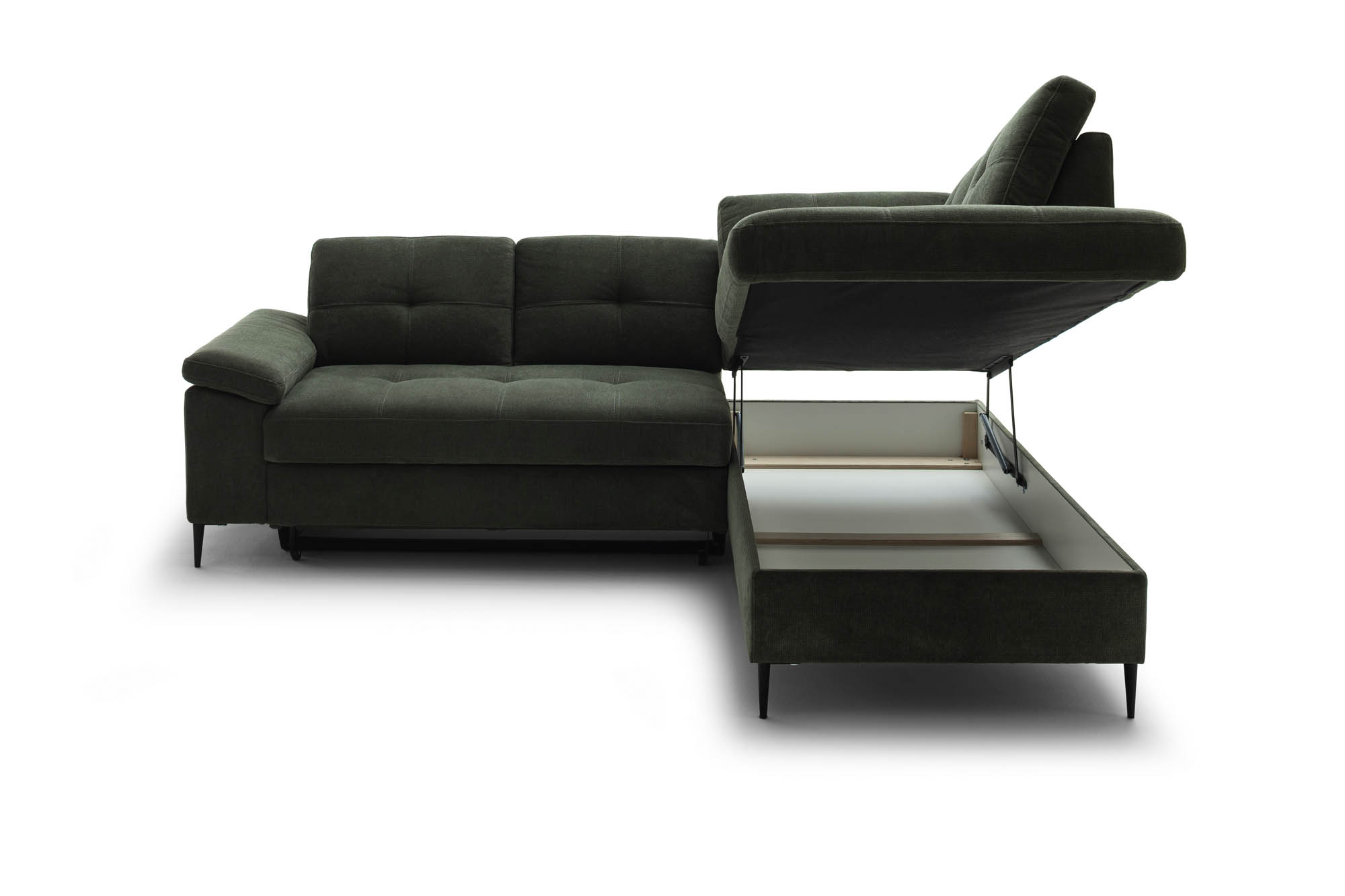 Wohnlandschaft Dunkelgrün Ottomane rechts inkl. Staukasten - 2-Sitzer Armlehne links inkl. Schlaffunktion (Echtbezug) -  Wayne