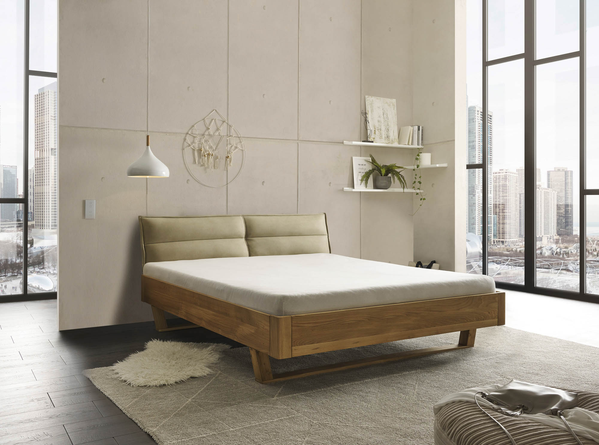 Bett Lederoptik beige ca. 180 x 200 cm Eiche massiv - Tjark