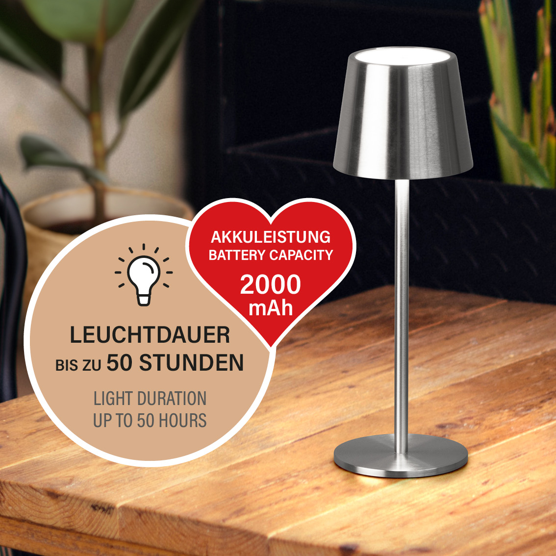 LED-Tisch/- und Außenleuchte Roxi nickel matt