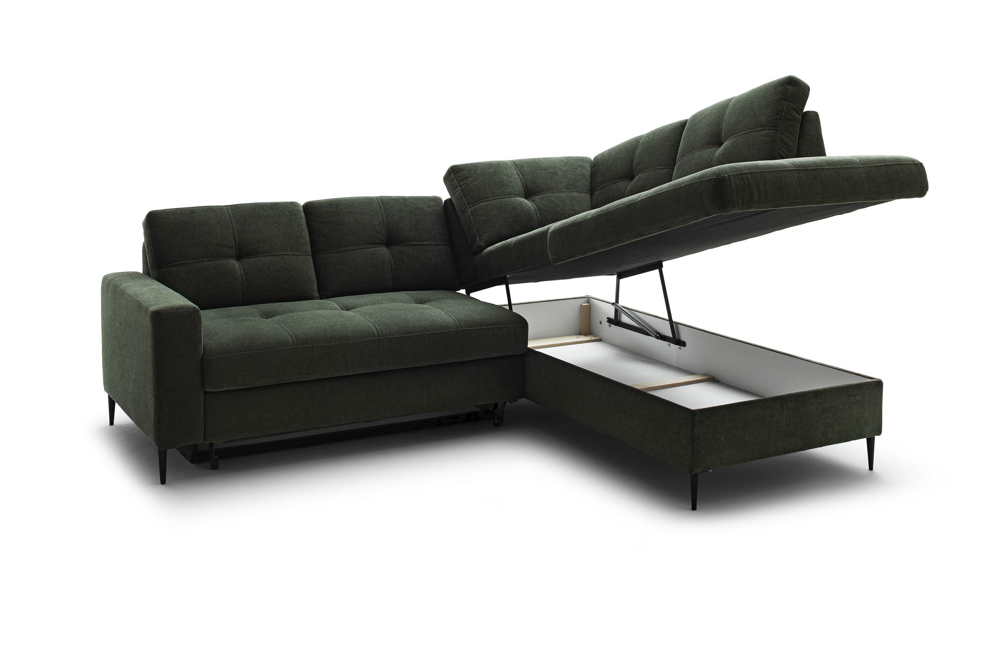 Wohnlandschaft Dunkelgrün Ottomane rechts inkl. Staukasten - 2-Sitzer Armlehne links inkl. Schlaffunktion (Echtbezug) -  Wayne
