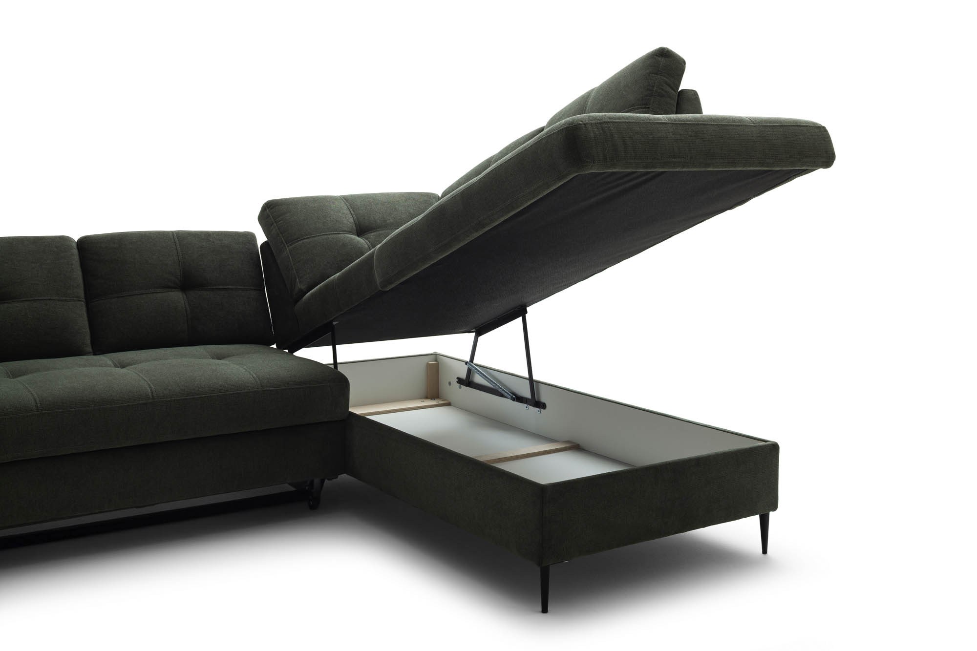 Wohnlandschaft Dunkelgrün Ottomane rechts inkl. Staukasten - 2-Sitzer Armlehne links inkl. Schlaffunktion (Echtbezug) -  Wayne