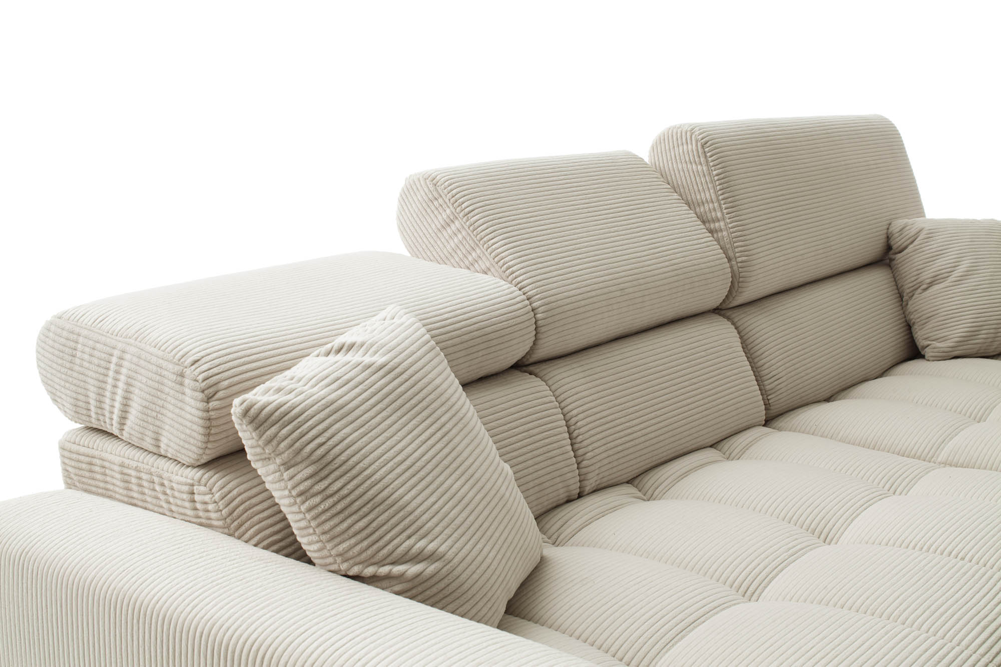 Wohnlandschaft Ottomane links Cord beige - manuellen Kopfteilverstellungen - inkl. 2 mittlere Kissen - mit elektrische Sitztiefenverstellung