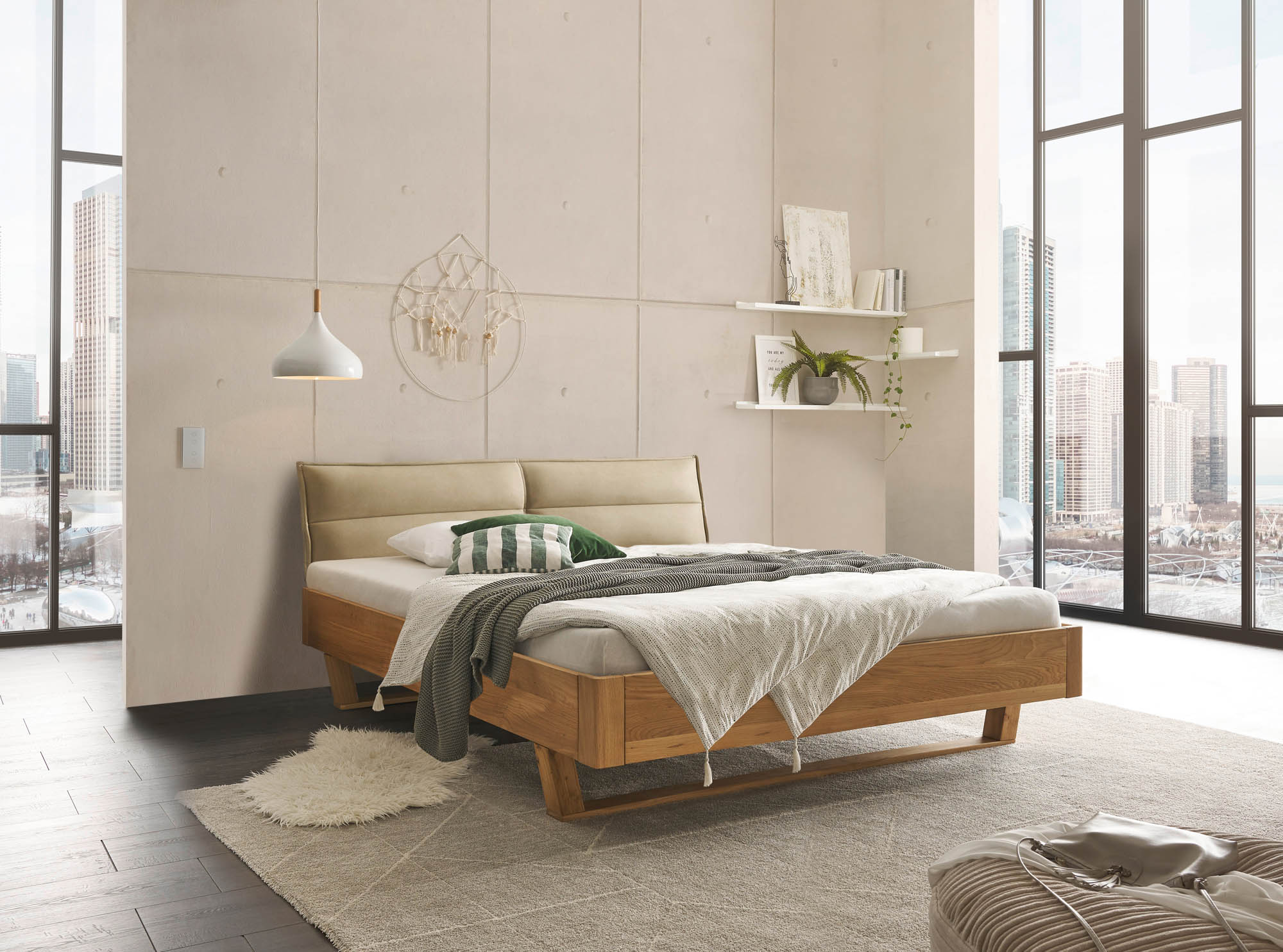 Bett Lederoptik beige ca. 180 x 200 cm Eiche massiv - Tjark