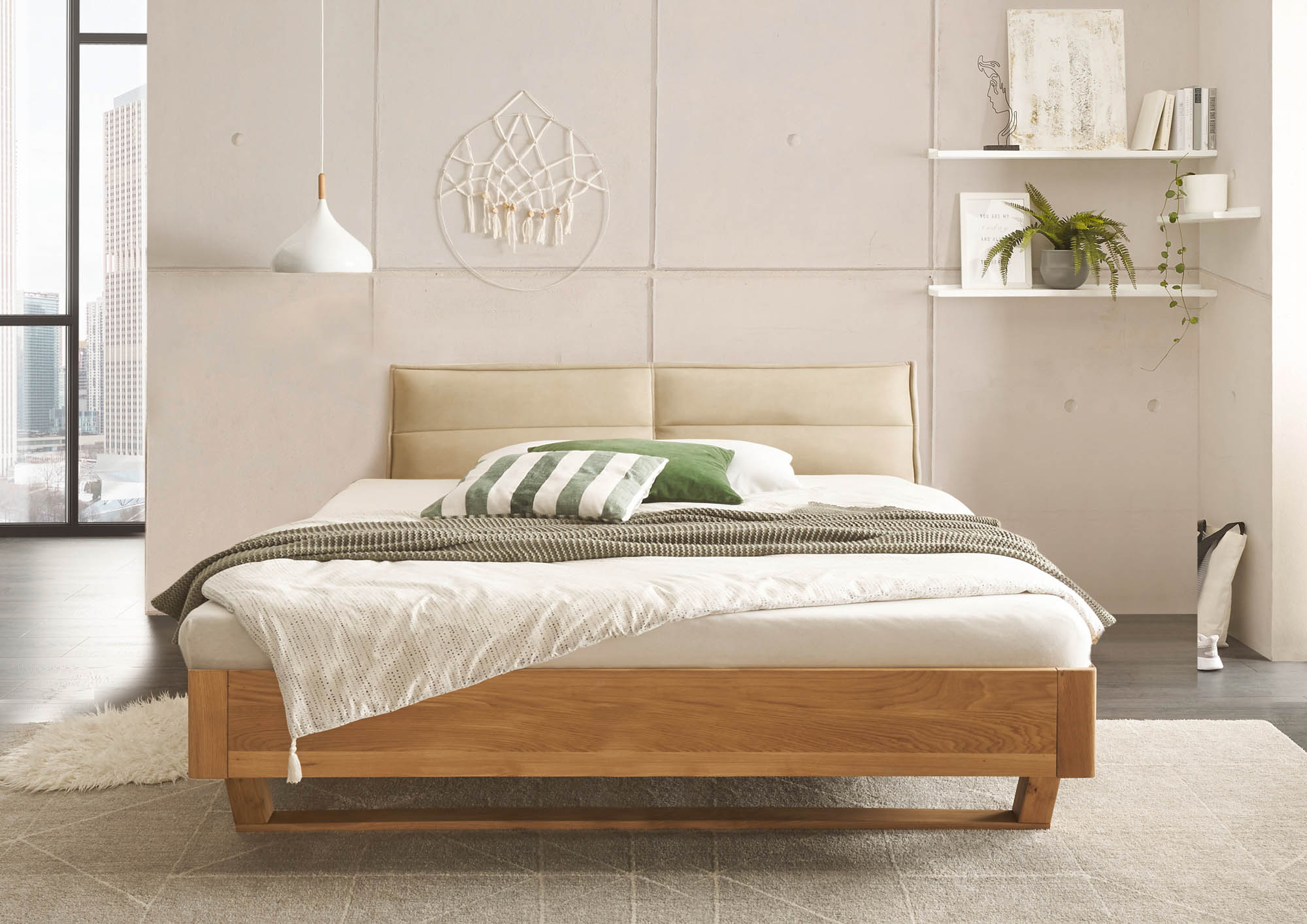 Bett Lederoptik beige ca. 180 x 200 cm Eiche massiv - Tjark